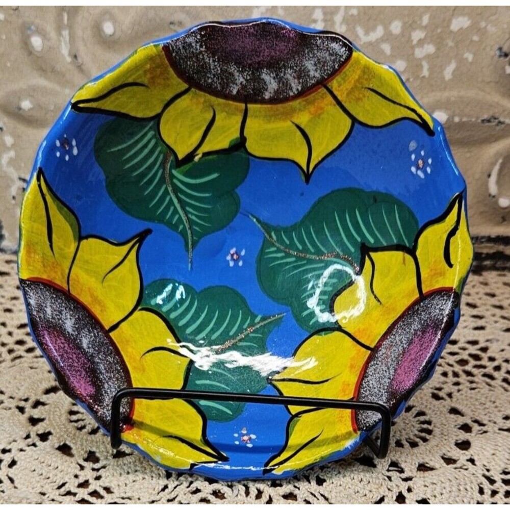 Small Colorful Tripod Bowl Hand Painted Pottery Sunflowers Mexico